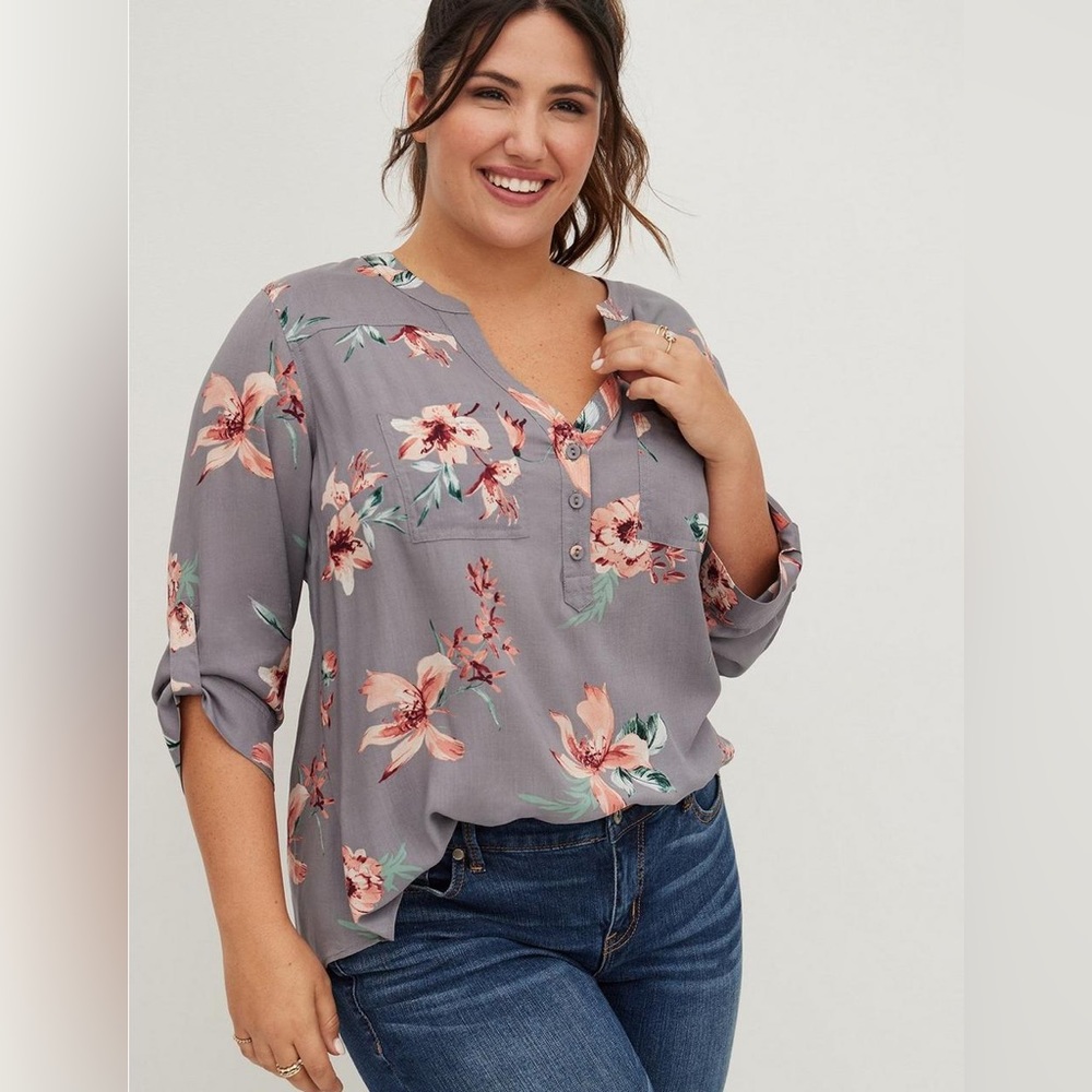 Torrid Harper - Slate Grey Floral Challis Pullover Blouse 4X